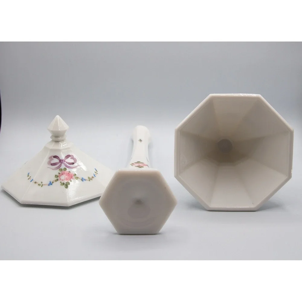 Vintage Milk Glass Floral Bud Vase‎ and Lidded Candy Dish Set Hand Painted Roses